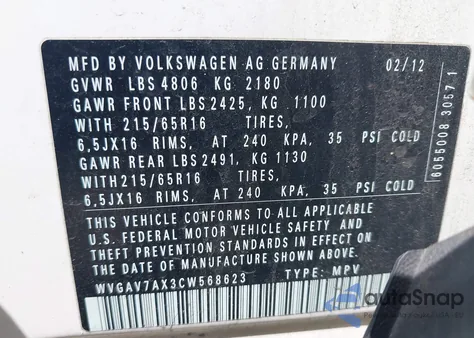 2012 Volkswagen Tiguan S from USA, damaged, VIN WVGAV7AX3CW568623